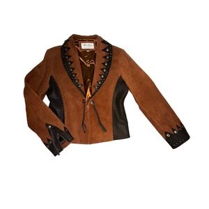 Tasha Polizzi Brown Suede Western Blazer Whipstitch Concho Embroidered Back XL